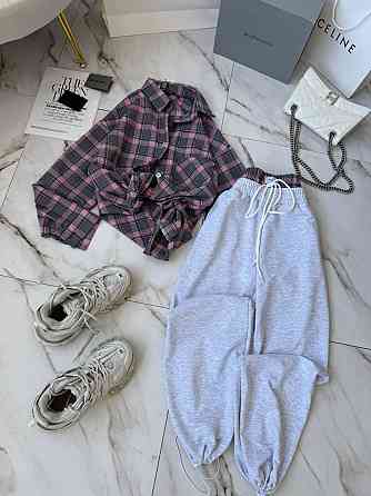 Женский стильный прогулочный костюм двойка: рубашка и штаны фланель + двунитка Розовый, 48/52 Одесса