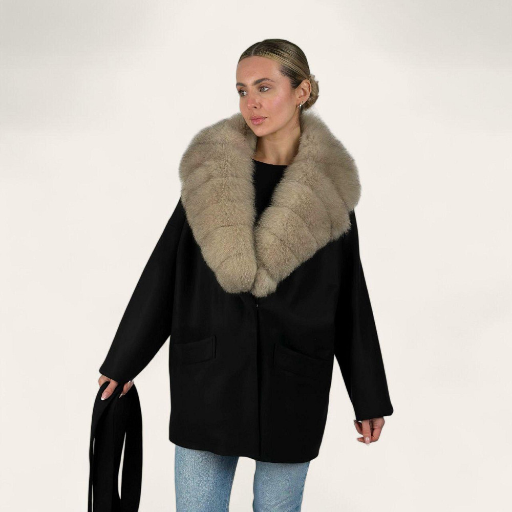 Женское пальто с меховым воротником Черный, 48 Харьков - изображение 4