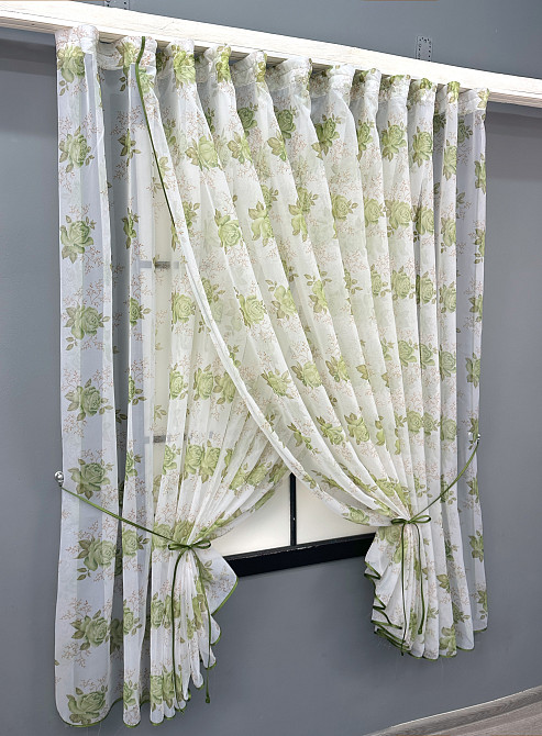 Кухонные шторки VR-Textil № 101к с подвязками Белый с салатовым 320х170 см (52-1210) Киев - изображение 2