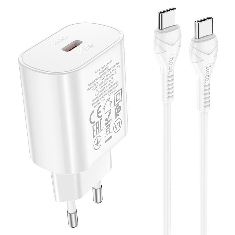 Мережевий зарядний пристрій з кабелем HOCO N22 Jetta PD25W charger set(Type-C to Type-C)(EU) White Одеса - фото 1