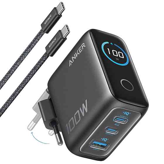 Мережевий зарядний пристрій Anker GaN Charger 100 W, 2xUSB-C, 1xUSB-A, Display Dark Gray (B121BGZ1) + кабель USB Type-C ( 17515 ) Харьков