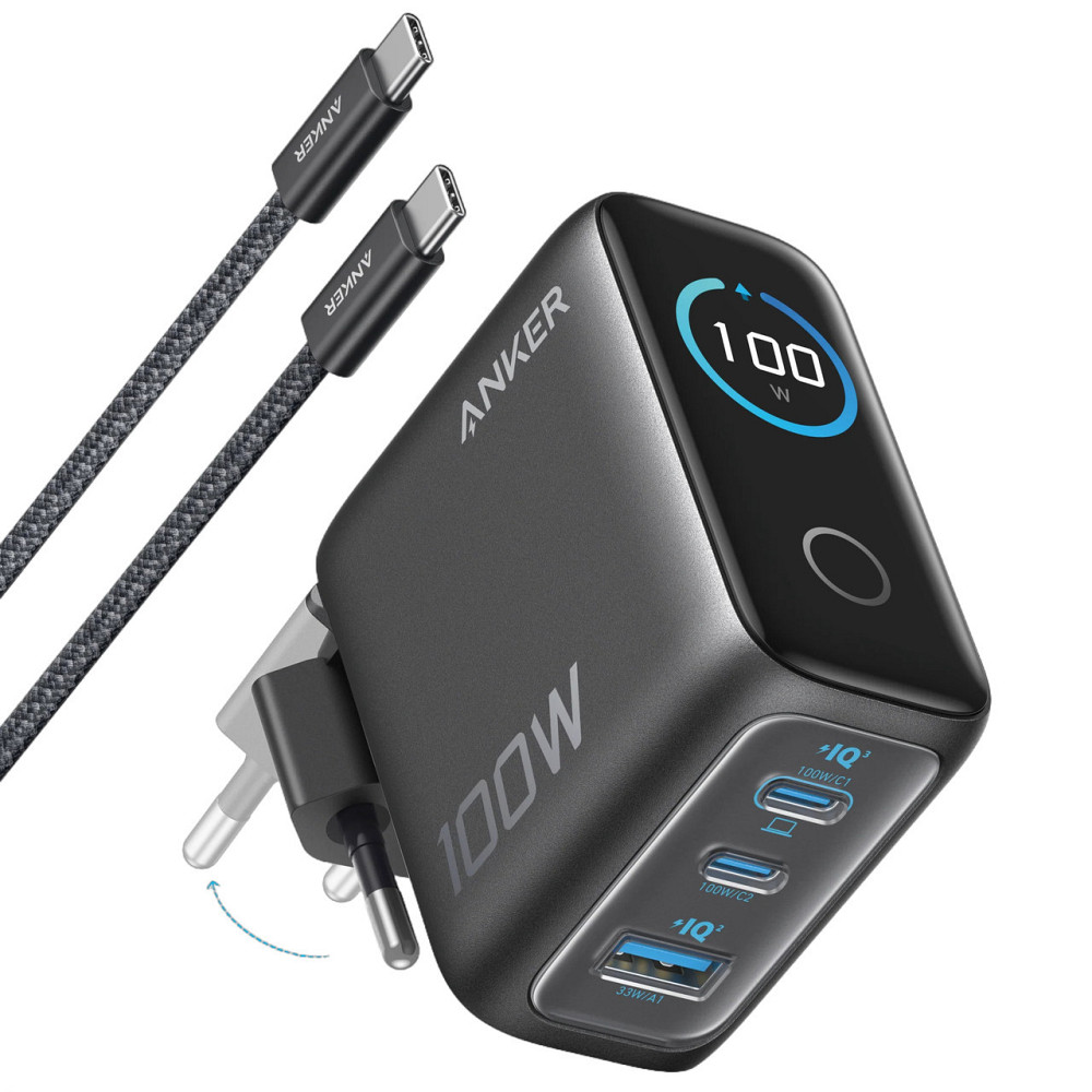 Мережевий зарядний пристрій Anker GaN Charger 100 W, 2xUSB-C, 1xUSB-A, Display Dark Gray (B121BGZ1) + кабель USB Type-C ( 17515 ) Харків - фото 4