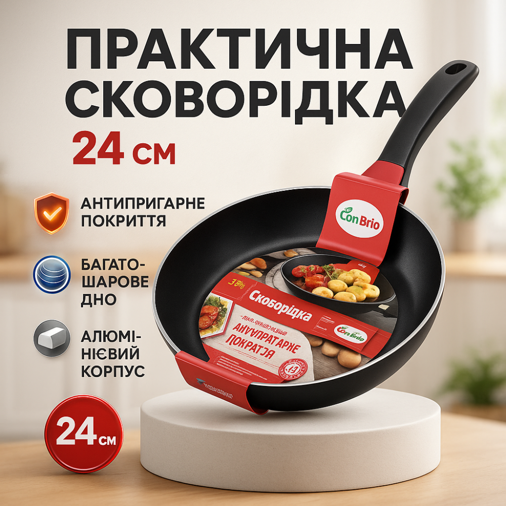 Сковорода з антипригарним покриттям для газової плити Con Brio СВ-2422 24 см, Зручна сковорода для дому MG-84 Львів - фото 14