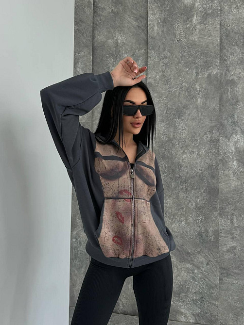 Женская стильная оверсайз худи с капюшоном на молнии петля пенье + турецкая рибана Графит, 48/50 Одесса - изображение 7