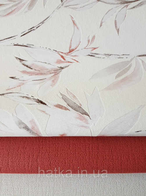 Вінілові шпалери на флізелін AS creation Attractive гілки листя рожеві, білі чорні на молочному Київ - фото 2