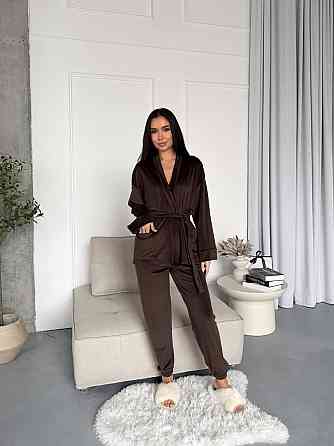 Женский стильный домашний велюровый комплект тройка Шоколад Одесса