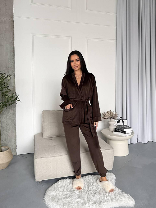 Женский стильный домашний велюровый комплект тройка Шоколад Одесса - изображение 1