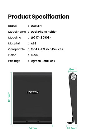 Настільна підставка Ugreen 80903 LP247 Multi-Angle Phone Stand Height Adjustable LP247 (Чорна) Миколаїв - фото 10