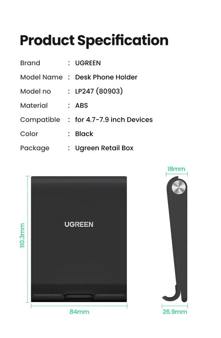 Настільна підставка Ugreen 80903 LP247 Multi-Angle Phone Stand Height Adjustable LP247 (Чорна) Николаев - изображение 10