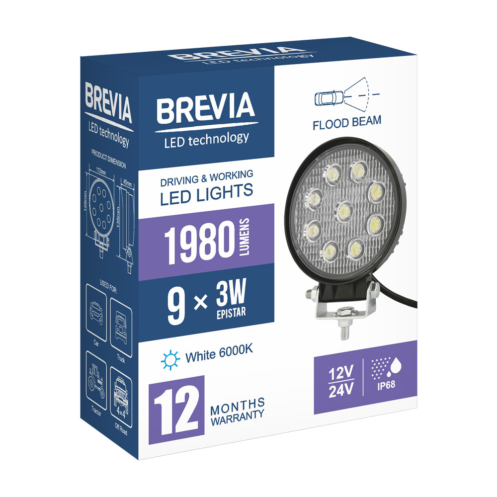Фара светодиодная Brevia Epistar Flood 10-30V, 27W (9x3W), 1980Lm, 1шт (10641RFX1) Львов - изображение 7