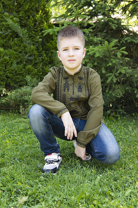 Детская вышиванка для мальчика длинный рукав льняная хаки, детская этническая одежда , детские вышиванки Киев - изображение 5