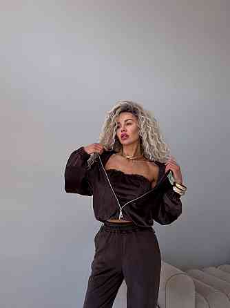 Жіночий велюровий костюм-трійка: кофта корсет і штани Шоколадний, 42/46 Одеса