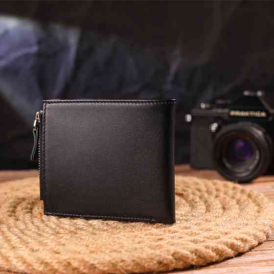 Стильний чоловічий горизонтальний гаманець із натуральної гладкої шкіри Чорний (CANPELLINI) Київ