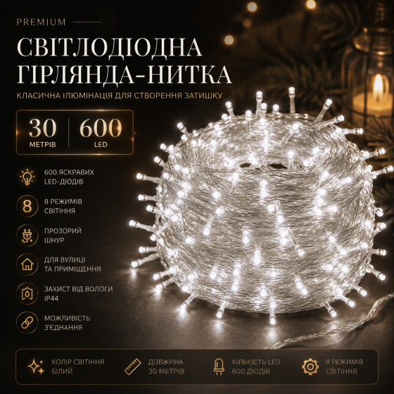 Світлодіодна гірлянда-нитка 30 метрів (600 LED) — Класична ілюмінація з 8 режимами, прозорий шнур (Білий) Київ