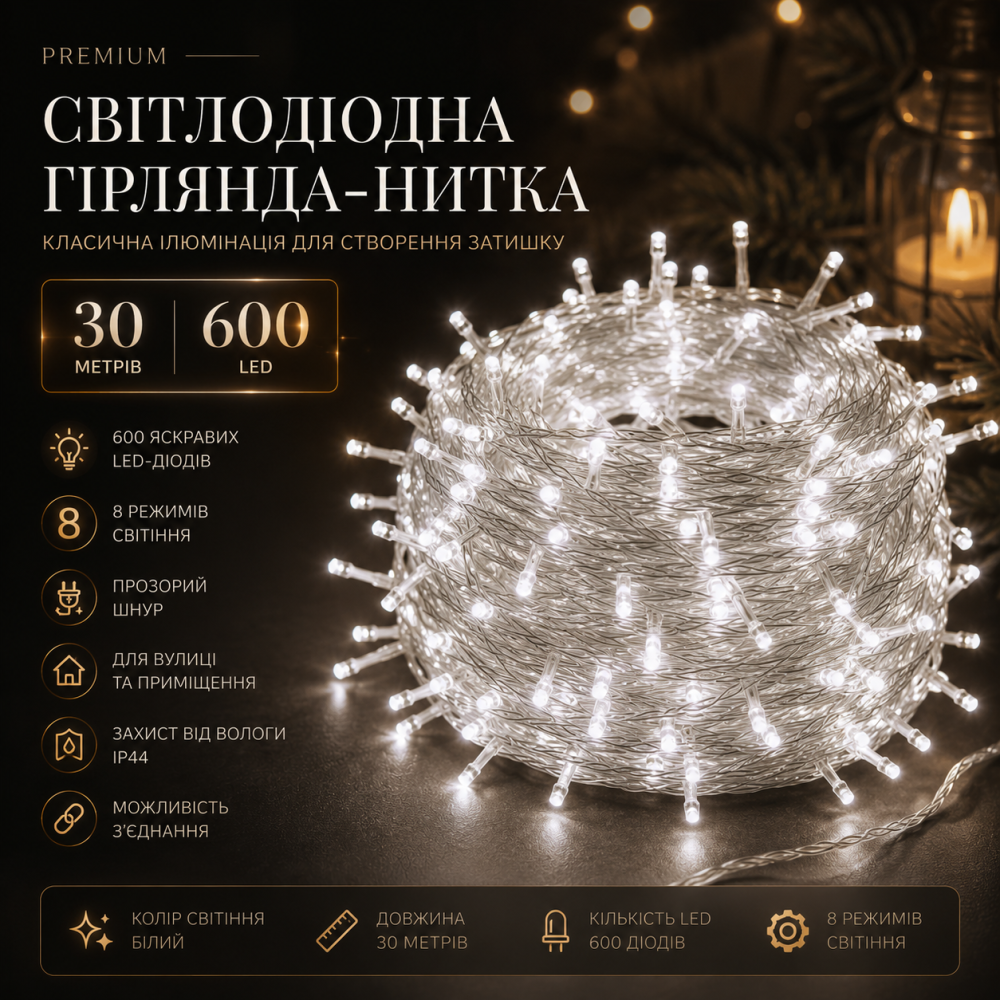 Світлодіодна гірлянда-нитка 30 метрів (600 LED) — Класична ілюмінація з 8 режимами, прозорий шнур (Білий) Київ - фото 5