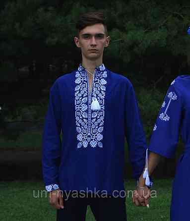 Чоловіча лляна вишиванка синя Всеволод2 Кривий Ріг