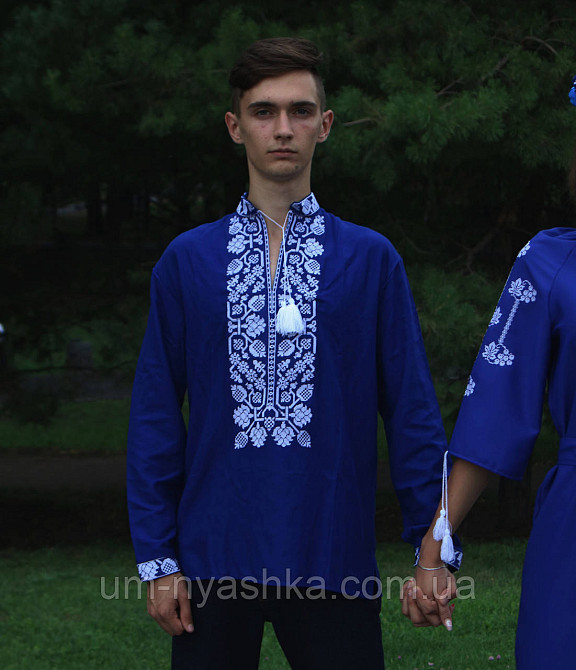 Мужская льняная вышиванка синяя Всеволод2 Кривой Рог - изображение 1