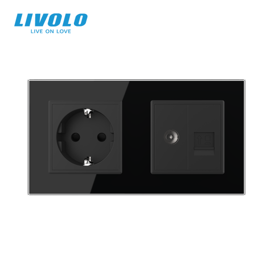 LIVOLO Розетка двомісна комбінована Силова Інтернет ТБ Livolo чорний скло (VL-C7C1EU1V1C-12) Коломия