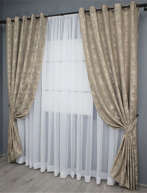 Комплект штор на люверсах VR-Textil Жаккард Sultan YL № 1208ш бежево-серый 150х250 см 2 шт (37-0009) Киев - изображение 2