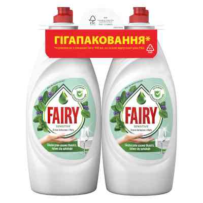 Средство для ручного мытья посуды Fairy Нежные руки Чайное дерево и Мята 2 х 900 мл (8700216759649) Винница