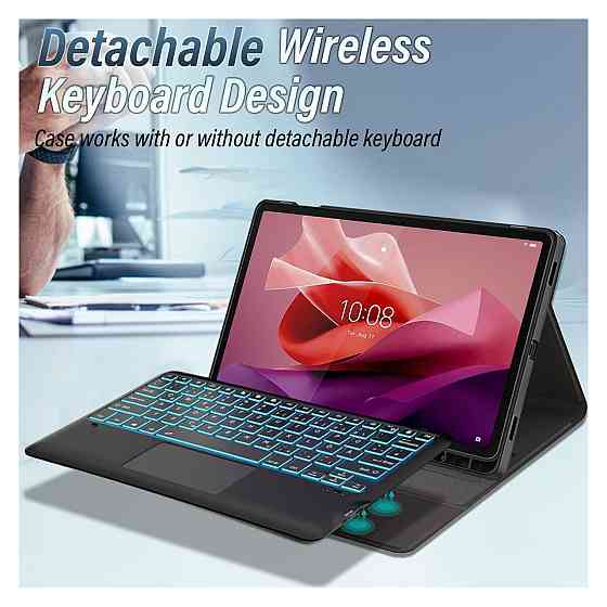 Чохол з клавіатурою Wineecy TB370FU для Lenovo Tab P12 12.7 2023 Bluetooth QWERTZ підсвітка 7 кольорів тачпад PU шкіра Київ