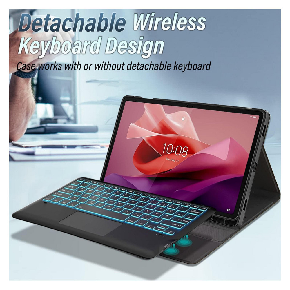 Чохол з клавіатурою Wineecy TB370FU для Lenovo Tab P12 12.7 2023 Bluetooth QWERTZ підсвітка 7 кольорів тачпад PU шкіра Київ - фото 3