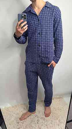 Мужской домашний костюм из муслиновой ткани на пуговицах Синий XS-S Харьков