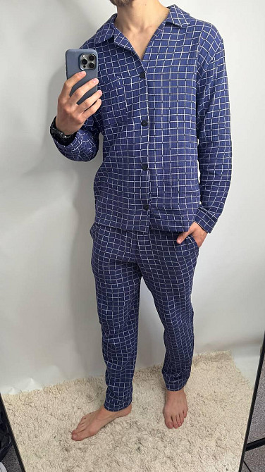 Чоловічий домашній костюм з муслінової тканини на ґудзиках Синій XS/S Харків - фото 1