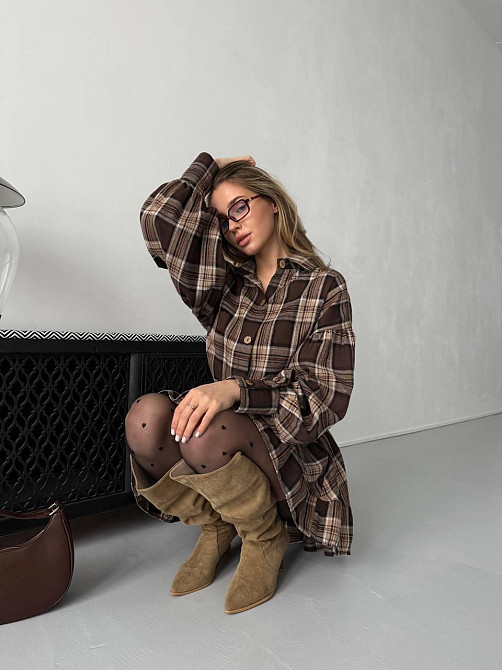 Жіночий стильний костюм-двійка: сорочка та спідниця в карту тіар Шоколадний, 46/48 Одеса - фото 5