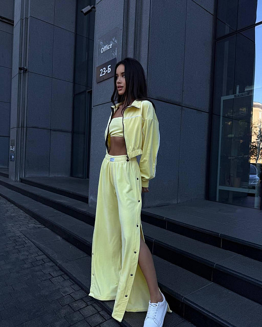 Женский теплый стильный костюм тройка из мягкого велюра. Лимонный, 42/44 Одесса - изображение 5