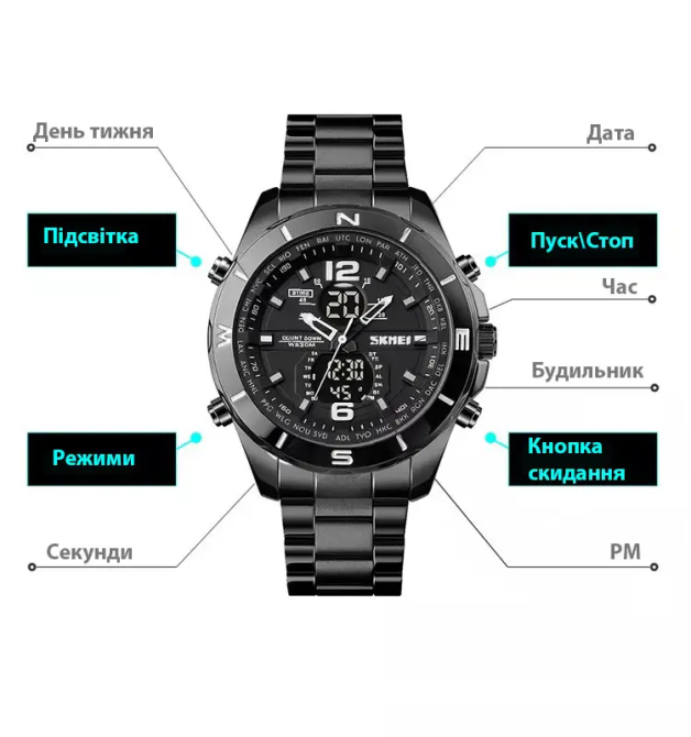 Чоловічий наручний годинник Skmei 1670 (Чорний) Київ - фото 7