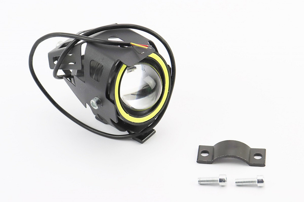 Фара додаткова світлодіодна вологозахисна - LED лінза з обідком "ангельське око" в металевому корпусі, з кріпленням на кермо, 110*70мм Київ - фото 1