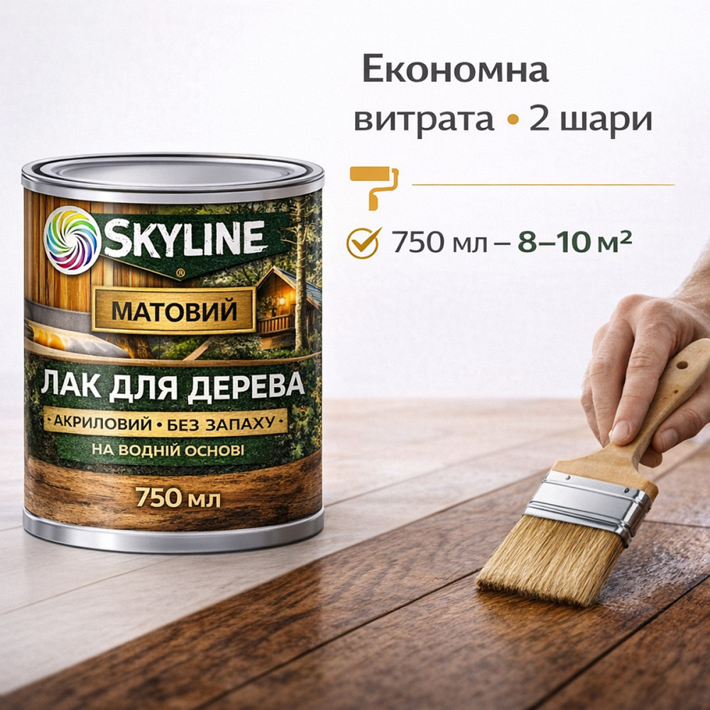 Лак для дерева Skyline матовый акриловый прозрачный без запаха для внутренних и наружных работ 750 мл Харьков - изображение 5