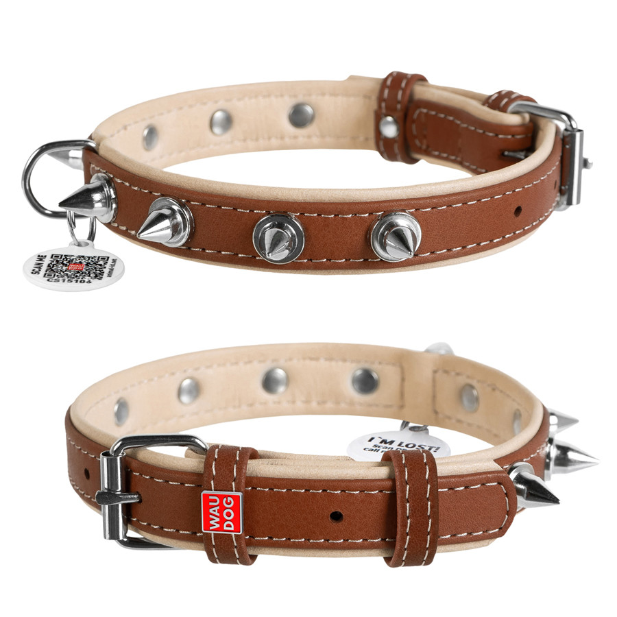 Нашийник для собак шкіряний WAUDOG Soft з QR паспортом, з шипами, Ш 20 мм, Дов 30-39 см коричне Коломия - фото 1