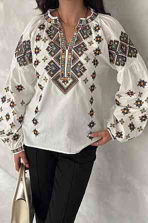 Жіноча сучасна вишиванка з об'ємним рукавом домотканий льон Білий, 44 Одеса