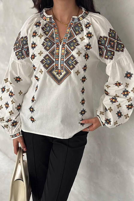 Женская современная вышиванка с объемным рукавом домотканый лен Белый, 44 Одесса - изображение 4