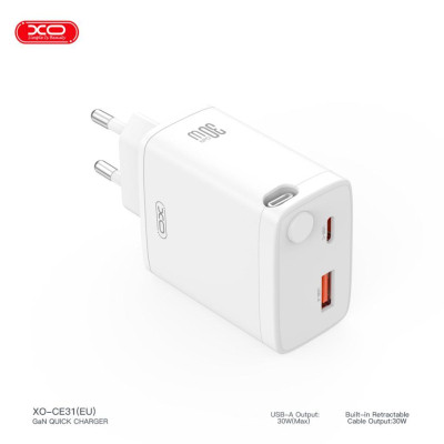 Зарядное устройство XO 1xUSB-C + 1xUSB QC30W GaN + cable USB-C to USB-C white (XO-CE31) Винница - изображение 6