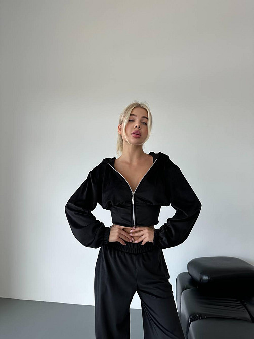 Жіночий стильний прогулянковий костюм-двійка: кофта та штани велюр-плюш Чорний, 42/46 Одеса - фото 1