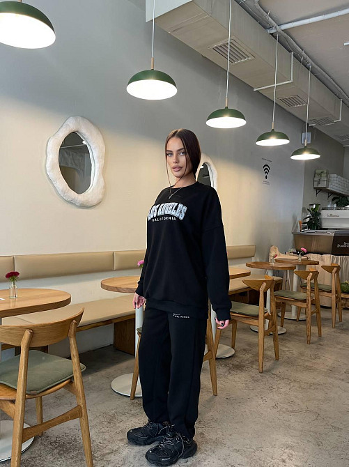 Жіночий теплий оверсайз костюм-двійка з накатом тринитка на флісі + турецька РИБАНА Чорний, 42/46 Одеса - фото 2