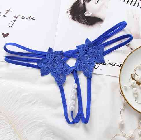 Еротичні трусики сині з розрізом та перлинами - розмір універсальний (на резинці) Київ