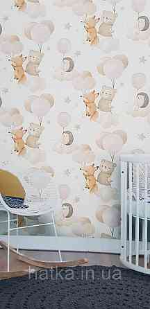 Шпалери флізелінові еко Rasch Kids World II 0.53х10 дитячі повітряні кулі зірки звірі рожеві коричневі на білому Київ