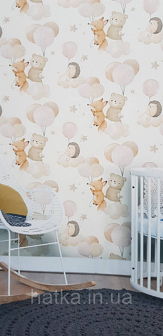 Шпалери флізелінові еко Rasch Kids World II 0.53х10 дитячі повітряні кулі зірки звірі рожеві коричневі на білому Київ - фото 1