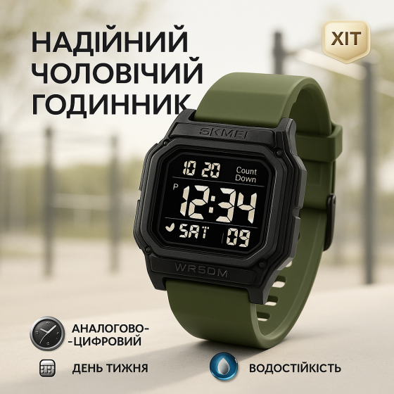 Водонепроникний наручний електронний годинник для чоловіка SKMEI 2537AG, Кращий військовий годинник AI-30 Львів