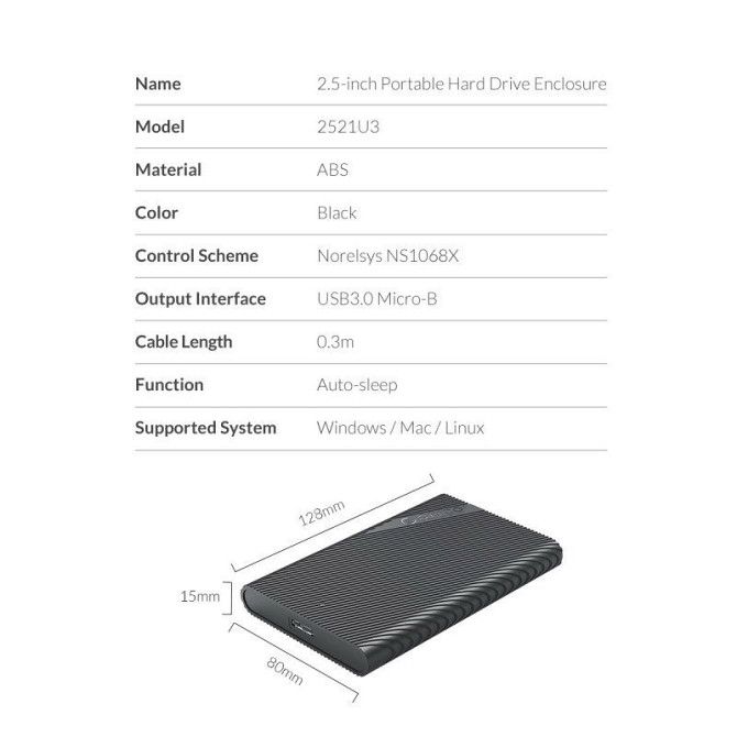 Зовнішня кишеня Orico 2521U3 для 2.5" HD/SD USB 3.0 (Чорний) Миколаїв - фото 10