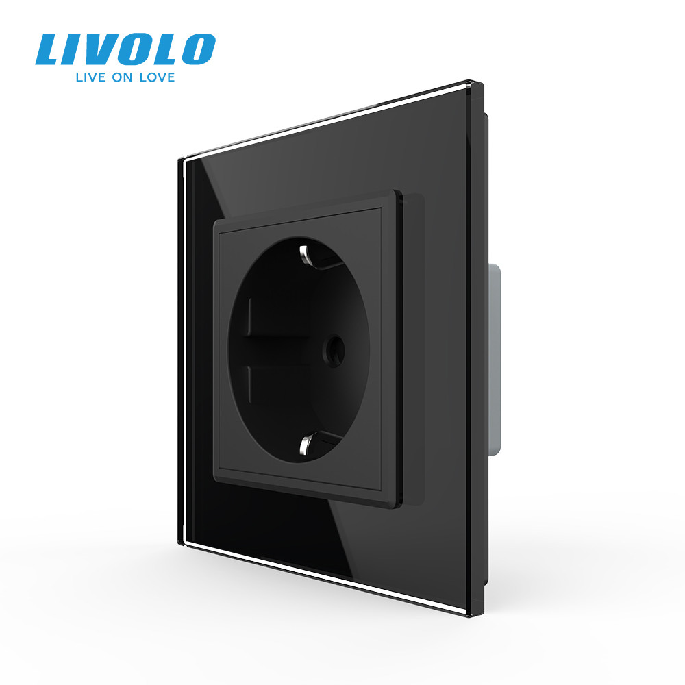 LIVOLO Електрична розетка з заземленням LIVOLO, чорна, скляна матова рамка, шторки, 250В 16А Коломия - фото 1