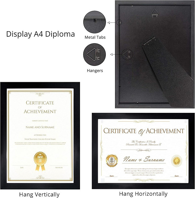Рамка для фотографій, дипломів, сертифікатів 2 шт A4, дерев'яна чорна настінна з плексигласом GraduatePro 21x29 см Київ - фото 6
