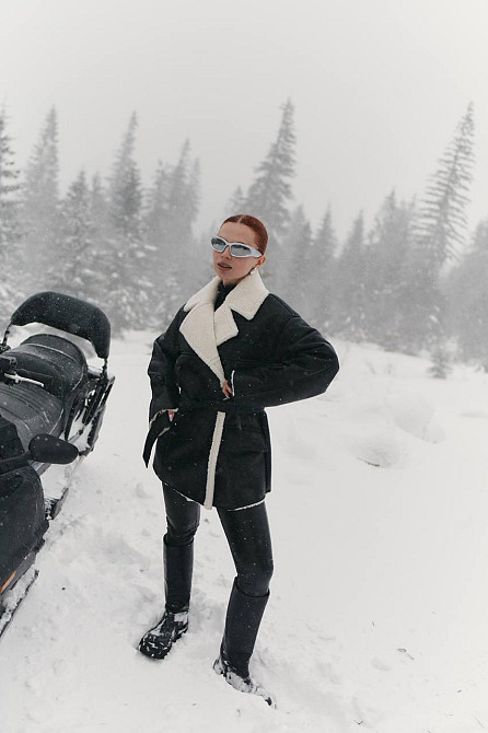 Женская стильная двубортная дубленка под пояс Черный, 44/46 Одесса - изображение 2