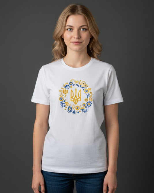 Женская Футболка белая женская вышитая гладью с большим трезубцем и голубовато-желтым веночком Киев - изображение 2
