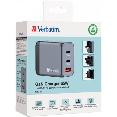Зарядное устройство Verbatim GaN 65 W 3 ports (2xUSB-C-65 W /USB-A -3.0) (32201) Винница - изображение 3