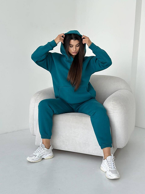 Женский спортивный теплый костюм оверсайз на флисе Темно бирюзовый S Харьков - изображение 3